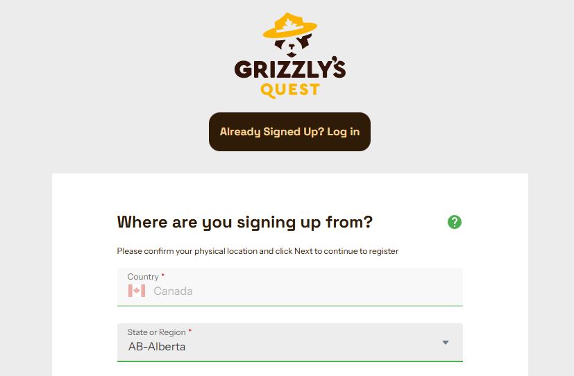 Register new Grizzly's Quest account by selecting your region